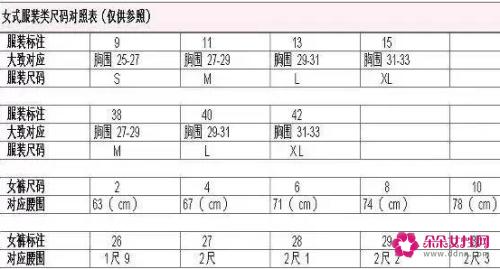 女士裤子尺码对照表图