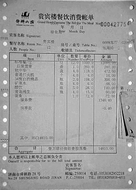 他奶奶的！山东省粮食局被曝12人一顿饭吃掉1.48万元(图)