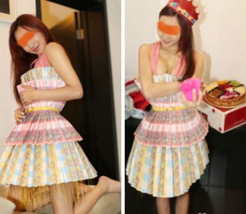 美女晒连体钞票礼服让干爹坐立不安