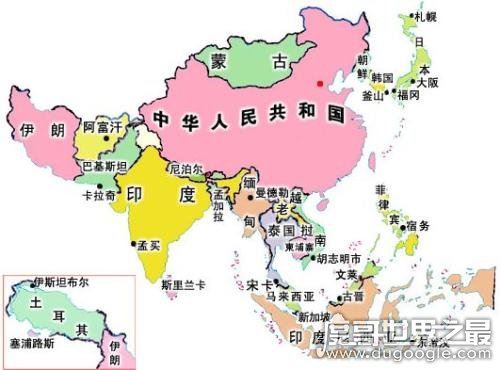 亚洲有多少个国家，一共有48个(最大中国/最小马尔代夫)