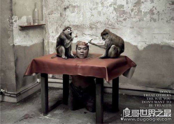 中国十大禁菜之活吃猴脑，往猴头内倒滚油(搅拌即食)