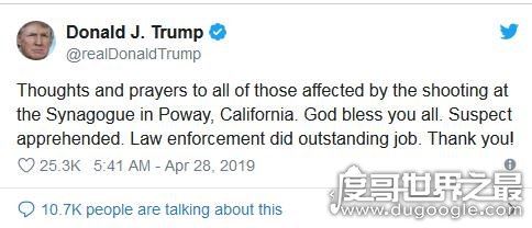 美国加州犹太教堂枪案，乃凶手仇视＂犹太人＂而为(1死3伤)