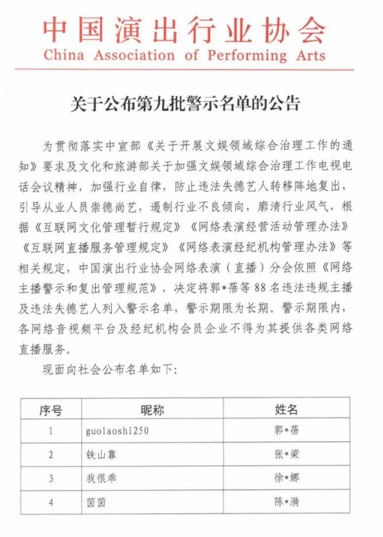 第九批警示网络主播黑名单公告公布!铁山靠、郭老师等88位主播在列