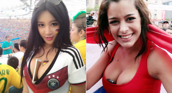中国美女观战德国 乳神樊玲胸部竖夹手机PK法国乳神