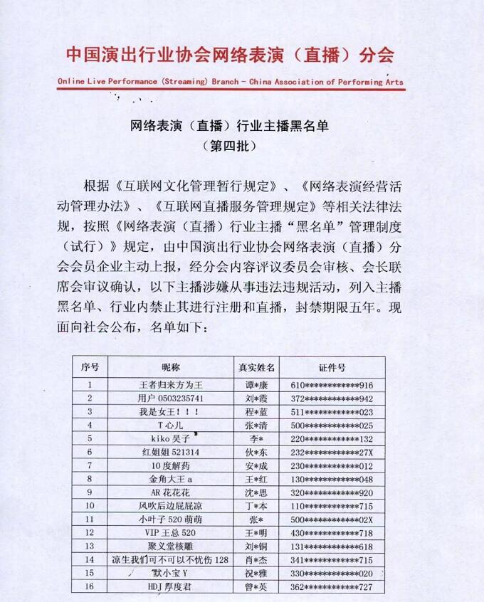 网络直播行业第四批主播黑名单，猡鹿鹿等42名主播被封禁5年
